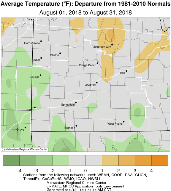 August 2018 Average Temperature Departure from Normal