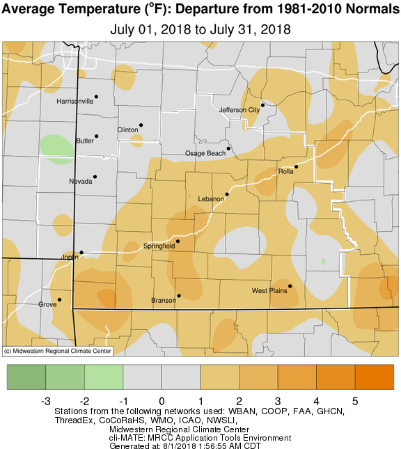 July 2018 Average Temperature Departure from Normal