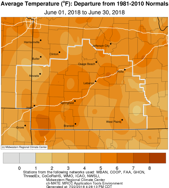 June 2018 Average Temperature Departure from Normal