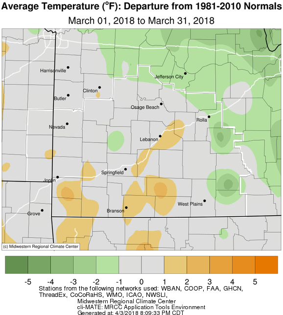 March 2018 Average Temperature Departure from Normal