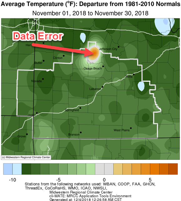 November 2018 Average Temperature Departure from Normal