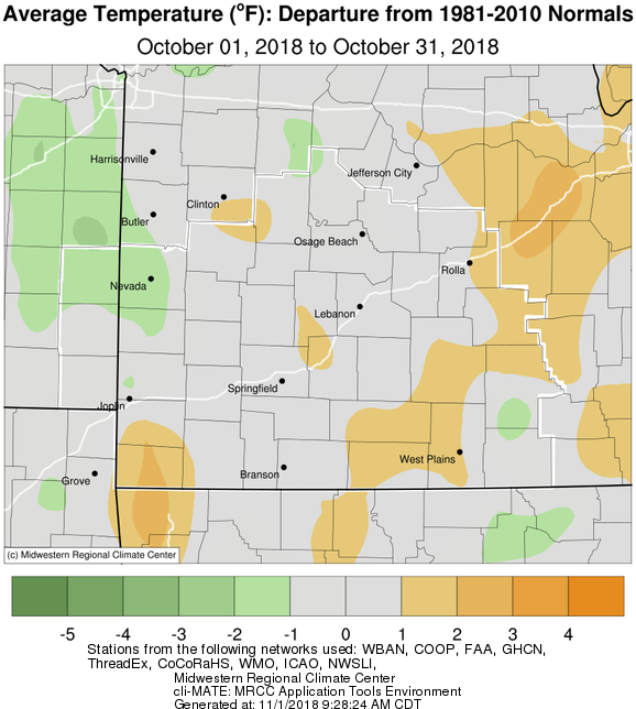 October 2018 Average Temperature Departure from Normal