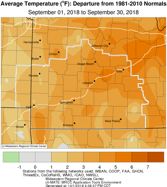 September 2018 Average Temperature Departure from Normal