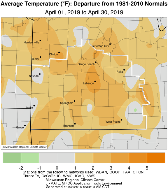April 2019 Average Temperature Departure from Normal