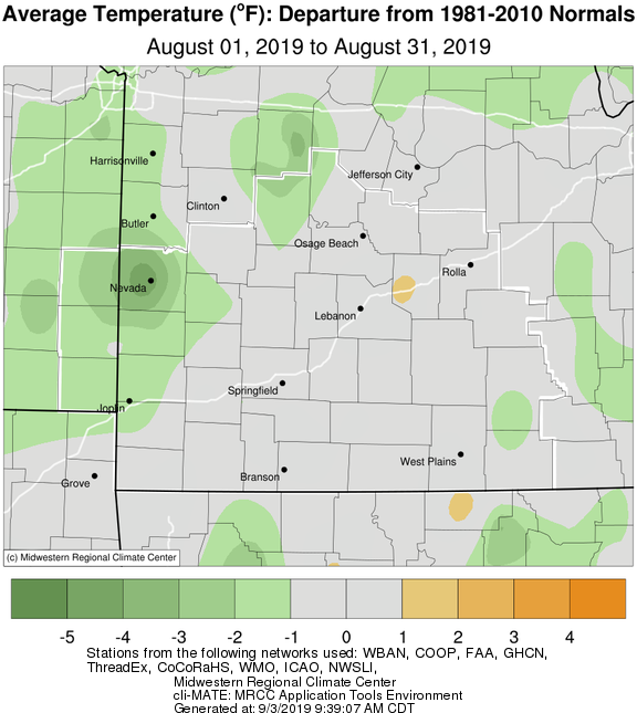 August 2019 Average Temperature Departure from Normal