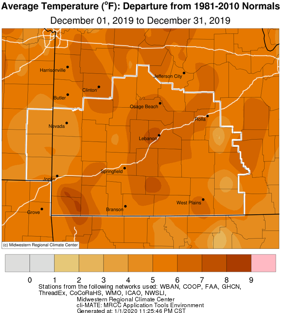 December 2019 Average Temperature Departure from Normal