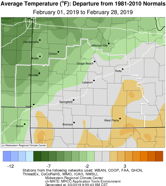 February 2019 Average Temperature Departure from Normal