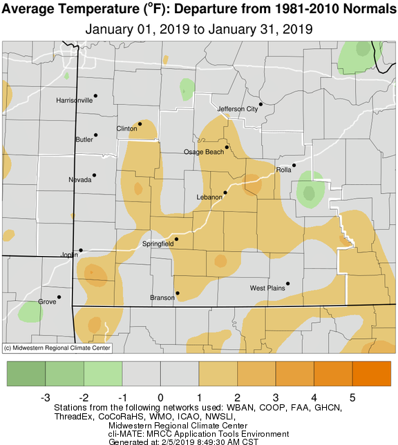 January 2019 Average Temperature Departure from Normal