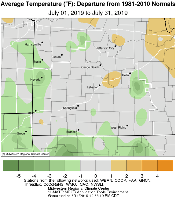 July 2019 Average Temperature Departure from Normal