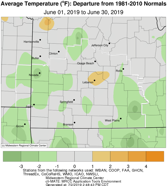 June 2019 Average Temperature Departure from Normal