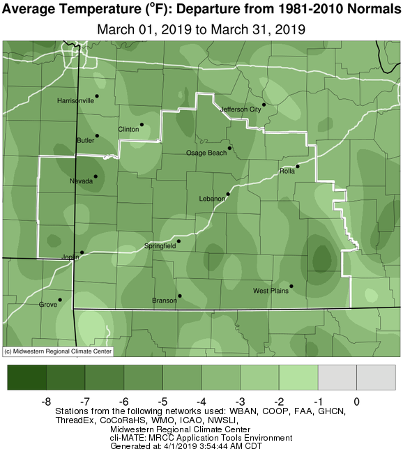 March 2019 Average Temperature Departure from Normal