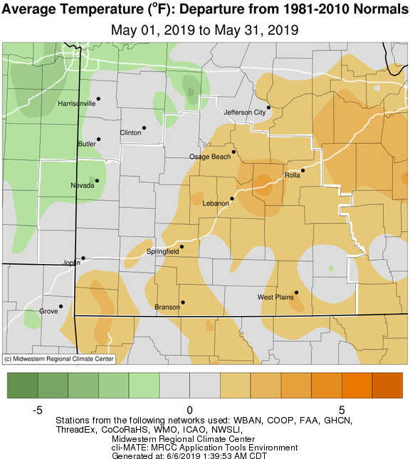 May 2019 Average Temperature Departure from Normal