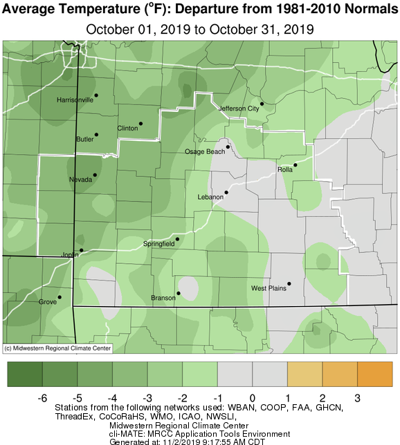 October 2019 Average Temperature Departure from Normal