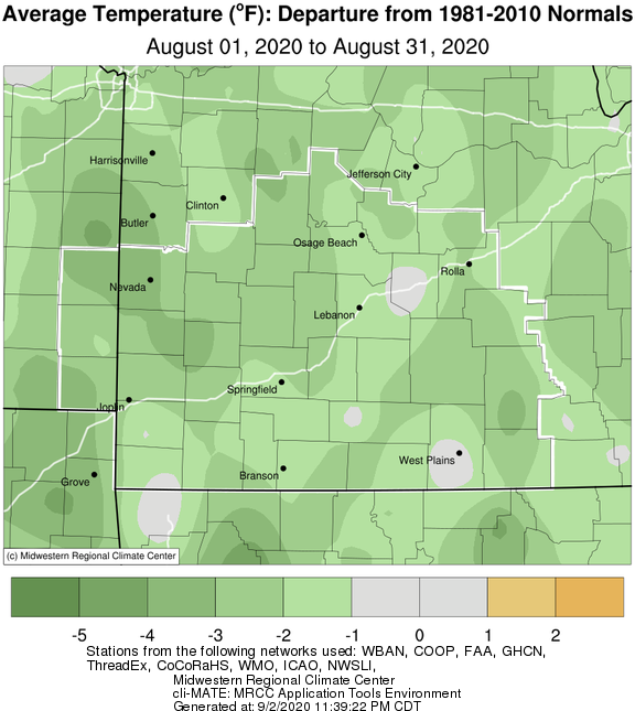 August 2020 Average Temperature Departure from Normal