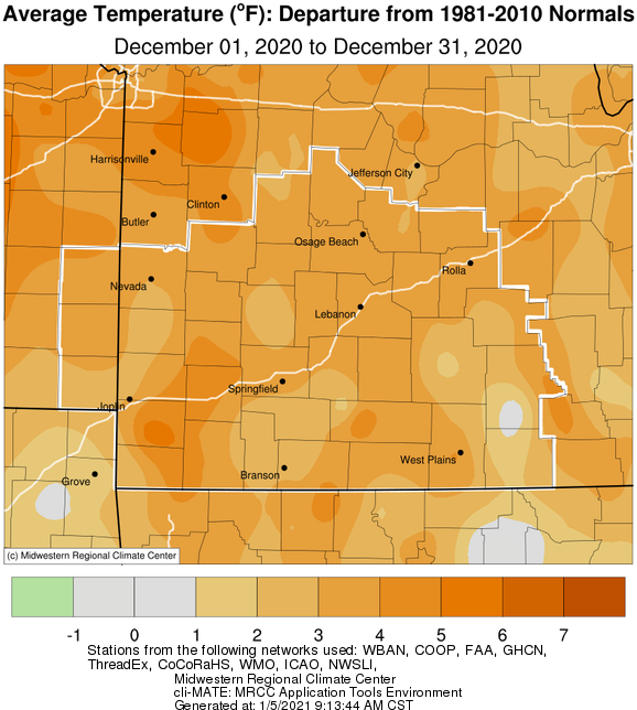 December 2020 Average Temperature Departure from Normal