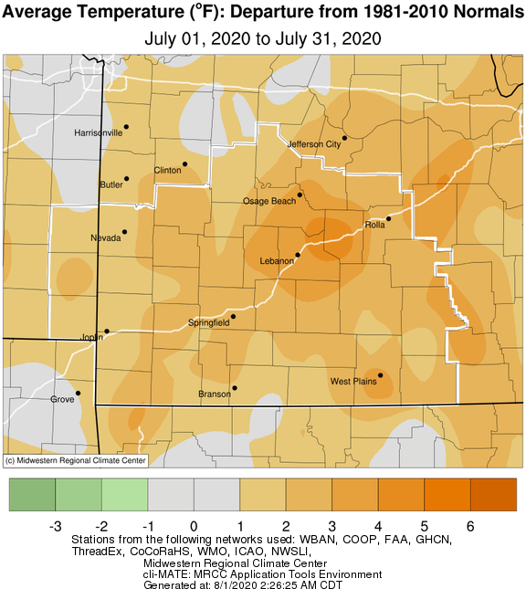 July 2020 Average Temperature Departure from Normal