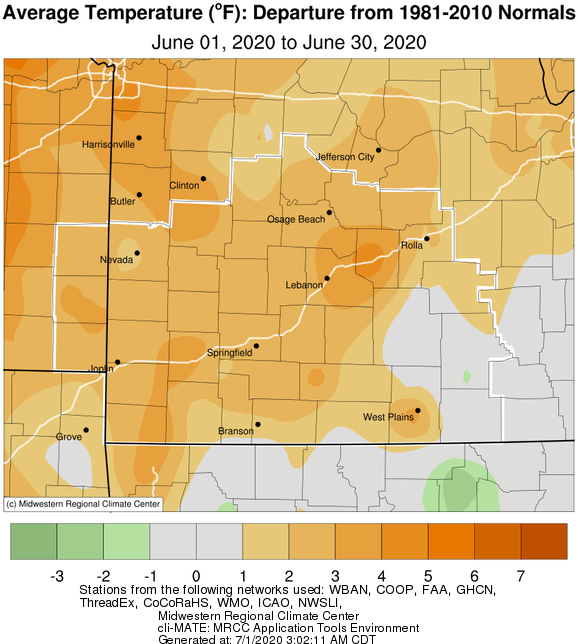 June 2020 Average Temperature Departure from Normal