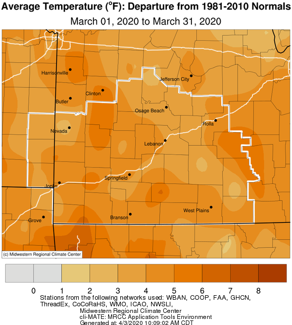 March 2020 Average Temperature Departure from Normal