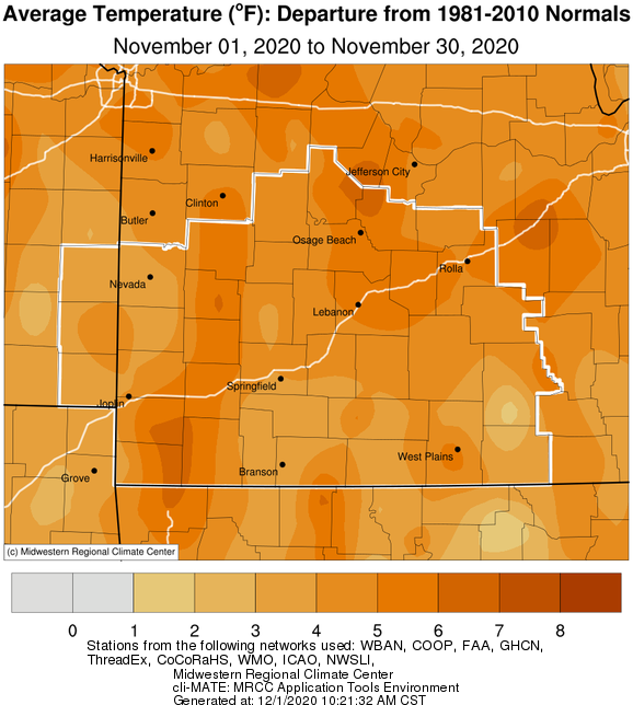 November 2020 Average Temperature Departure from Normal