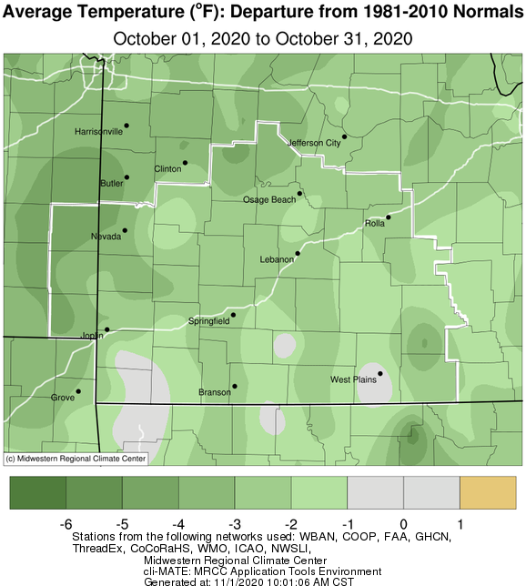 October 2020 Average Temperature Departure from Normal