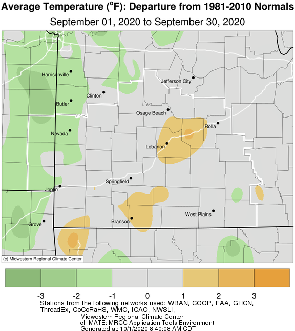September 2020 Average Temperature Departure from Normal