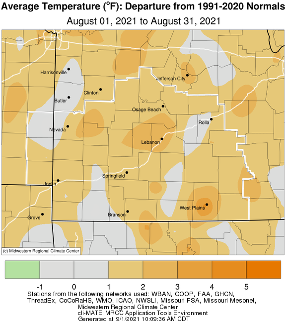 August 2021 Average Temperature Departure from Normal