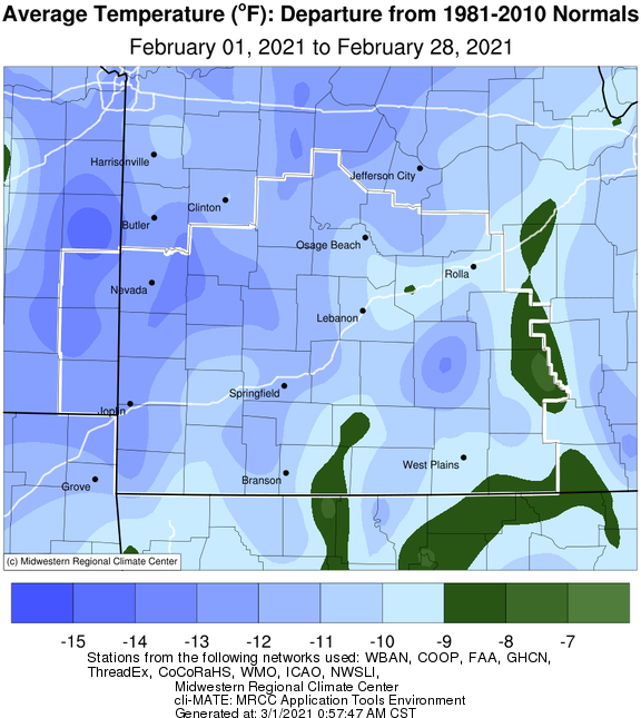 February 2021 Average Temperature Departure from Normal