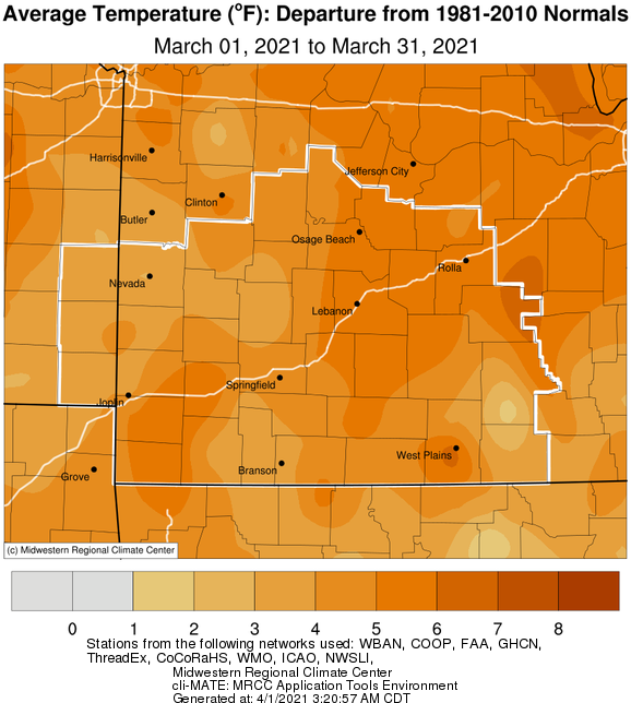 March 2021 Average Temperature Departure from Normal