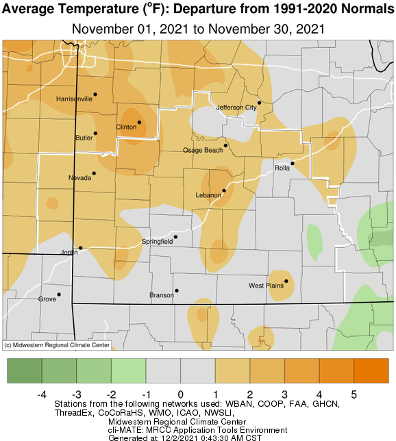 November 2021 Average Temperature Departure from Normal