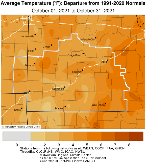 October 2021 Average Temperature Departure from Normal