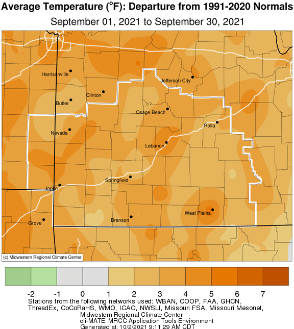 September 2021 Average Temperature Departure from Normal