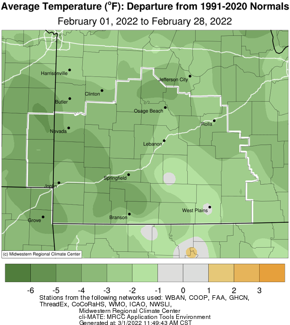 February 2022 Average Temperature Departure from Normal