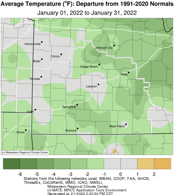 January 2022 Average Temperature Departure from Normal