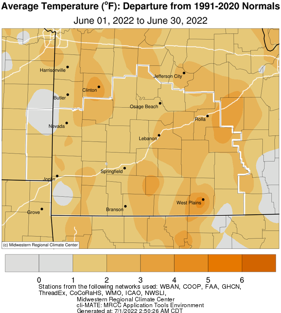 June 2022 Average Temperature Departure from Normal
