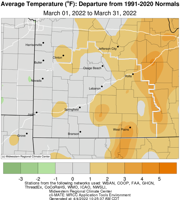 March 2022 Average Temperature Departure from Normal