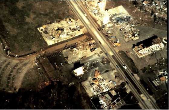 Aerial view of damage along Airline Drive