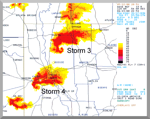 Radar reflectivity image of Storms 3 and 4
