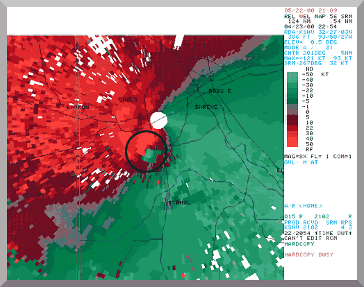 Radar velocity image of Storms 3 and 4