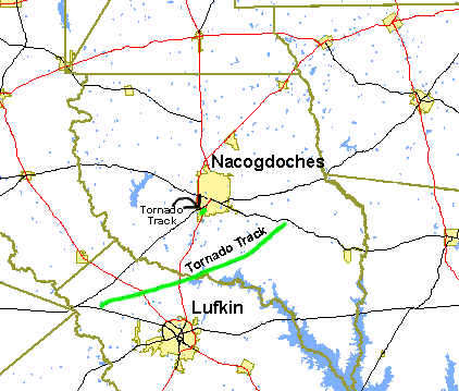 Tornado paths in Angelina and Nacogdoches Counties on April 6, 2003