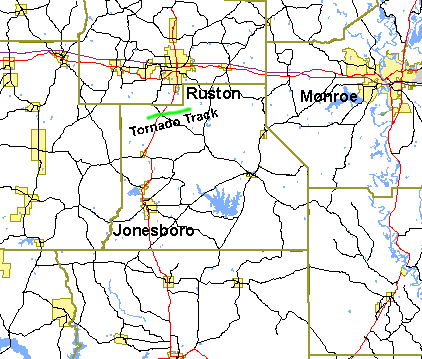 Tornado path map in Jackson Parish on April 6, 2003