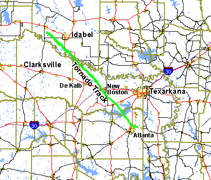 Tornado tracks in Southeast Oklahoma and Northeast Texas on May 14th, 2003