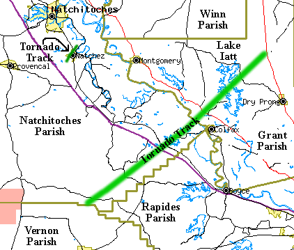 Tornado paths in Natchitoches and Grant Parishes on November 23, 2004