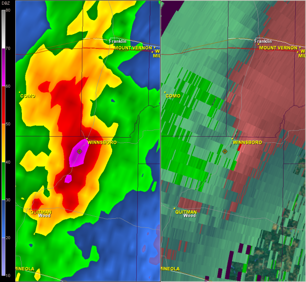 Radar imagery of the tornado near Winnsboro