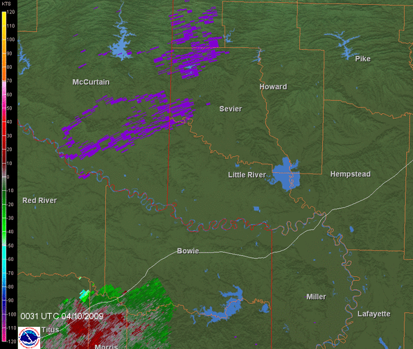 Loop of radar velocities for the storms in Southwest Arkansas