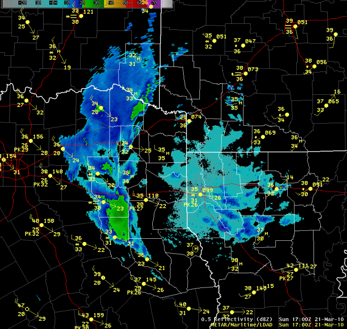 Radar image of snow bands at 11am CDT on March 21, 2010