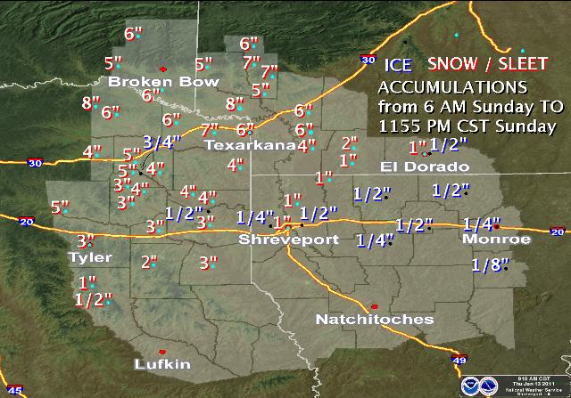 Map of ice and snowfall accumulation reports