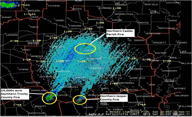 Radar image from June 18, 2011, showing smoke plumes from wildfires