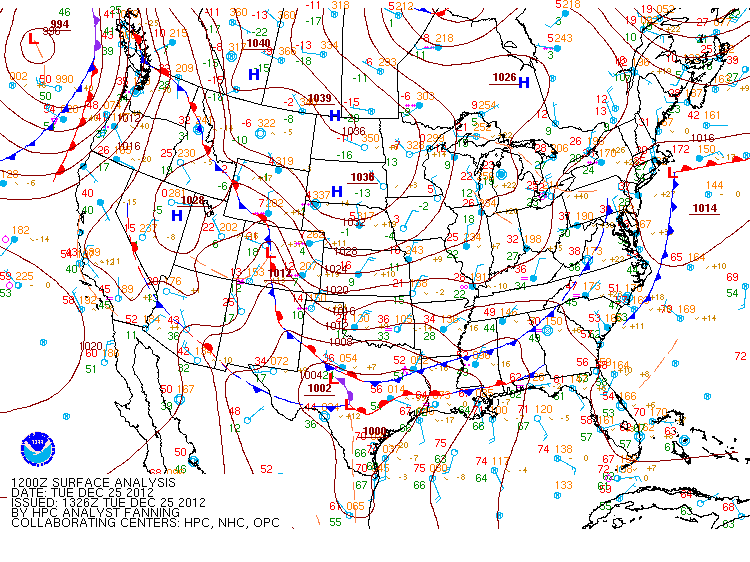 Surface map on the morning of December 25, 2012