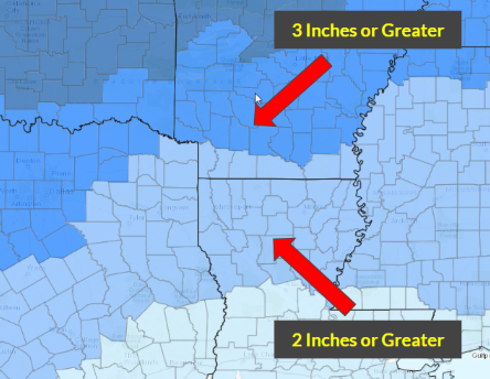 Graphic showing Heavy snow/Winter Storm Warning criteria for the NWS Shreveport County Warning Area.