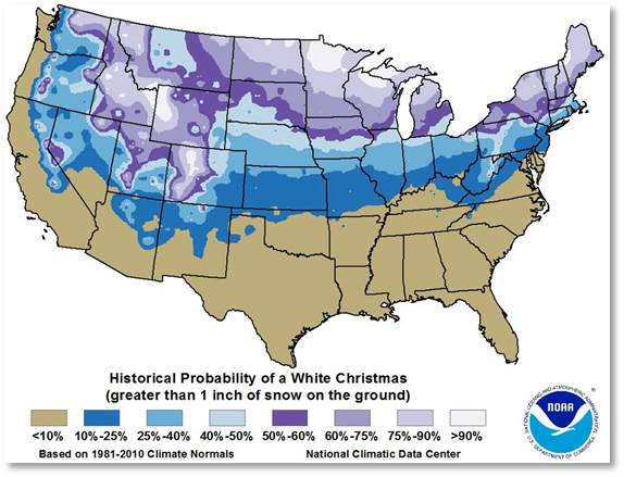 Map Depicting the Historical Probability of a White Christmas